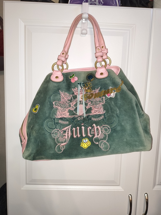 Juicy Couture Handbags - Juicy Couture Green Velvet Tote with Pink Leather Handles and Embroidered Crest